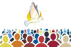 groep mensen met duif erboven